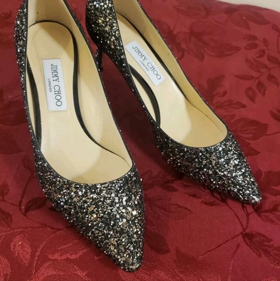 Jimmy Choo Black/Gold Coarse Glitter Romy 60 Pumps Size 40 Worn 1X - Picture 1 of 11